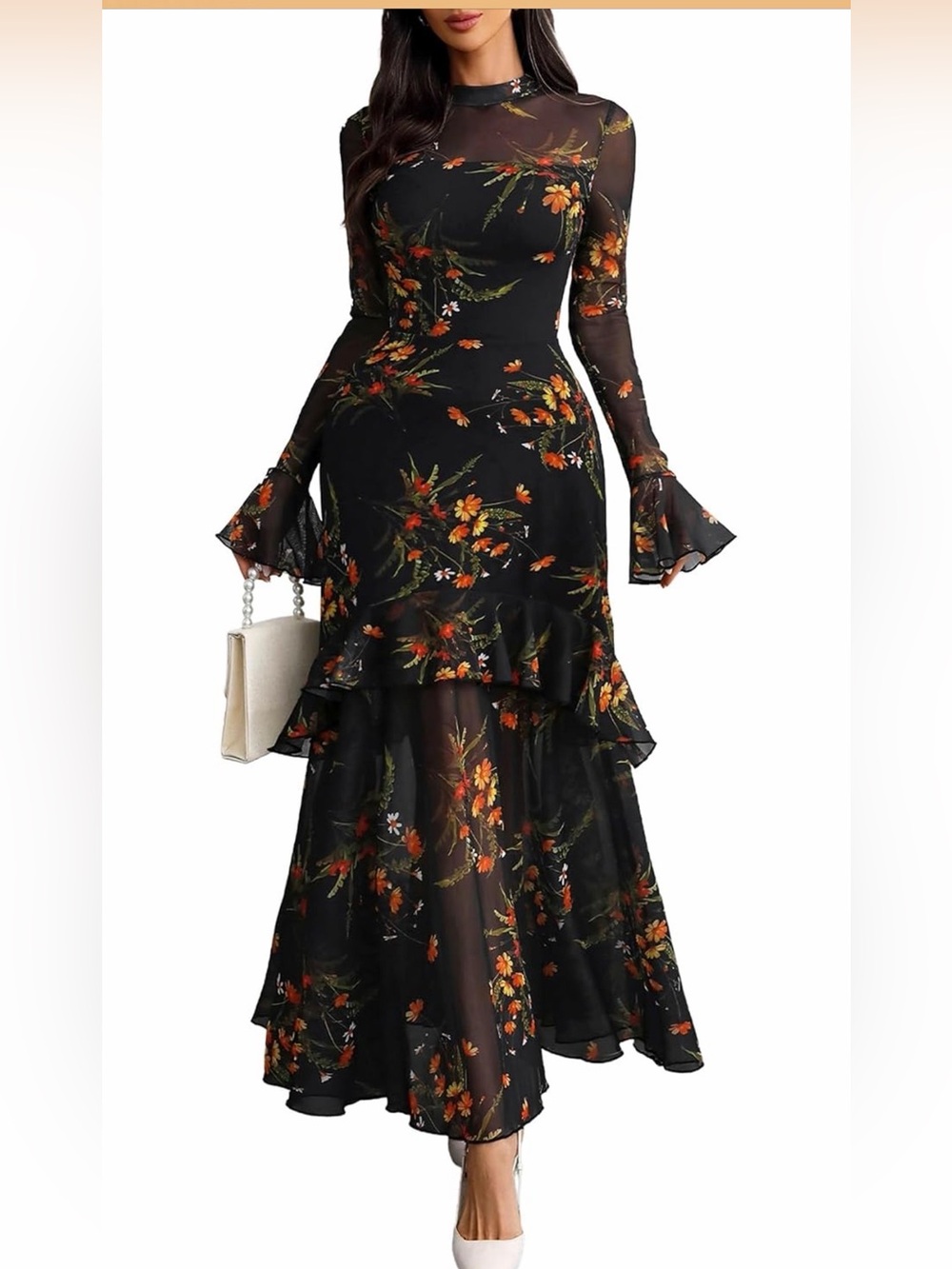 Floral Black Ruffled Mesh Maxi Dress